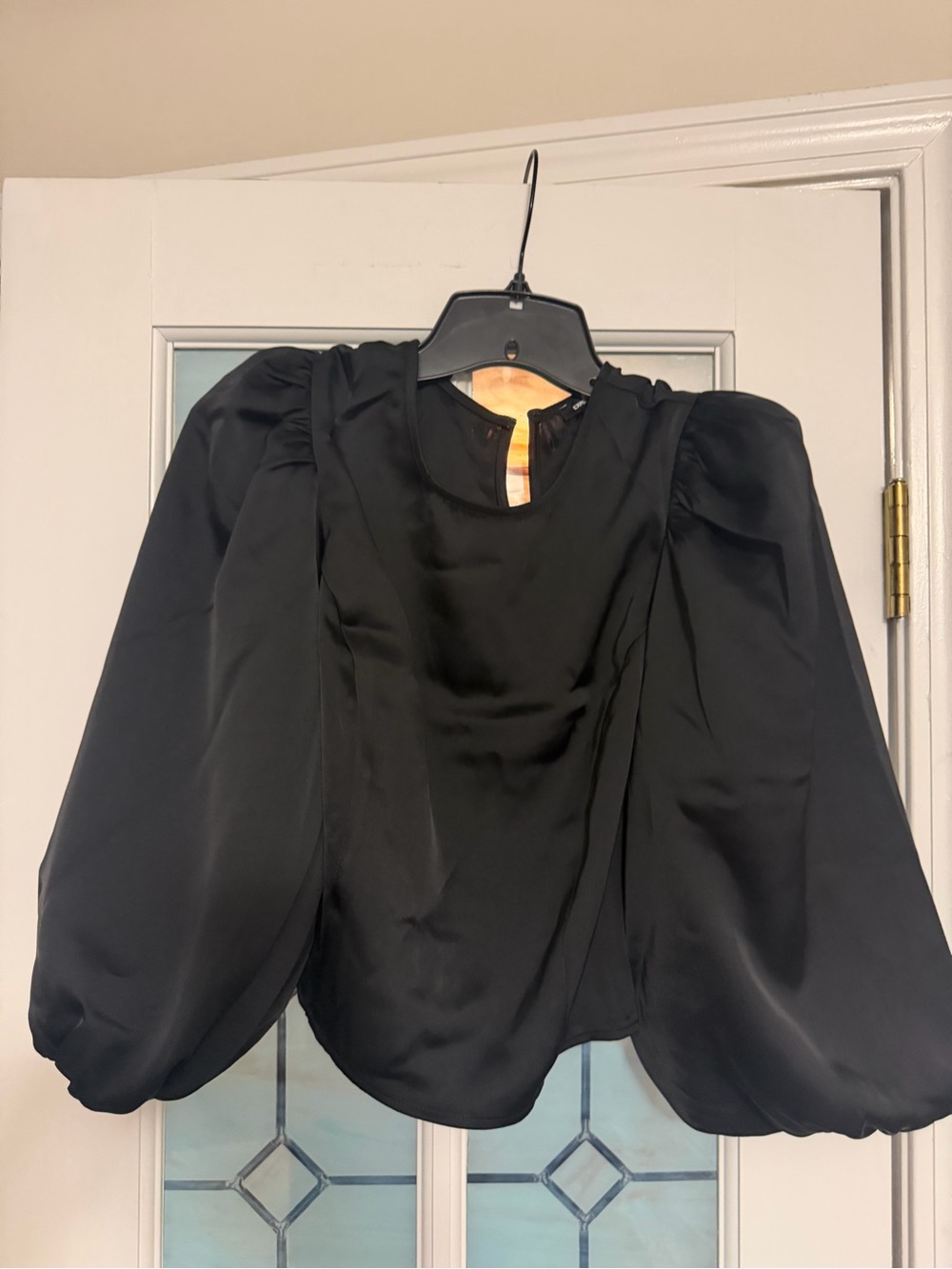 Express Black Puff-Sleeve Satin Blouse